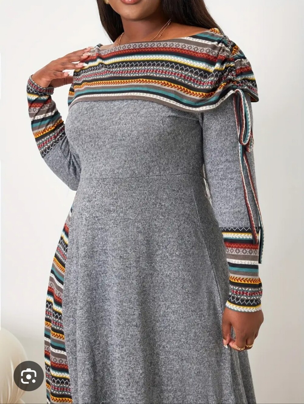 Gray Knit Dress with Multicolor Stripe Accent